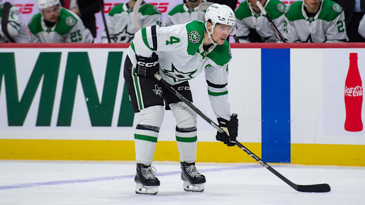 Jan 12, 2025; Ottawa, Ontario, CAN; Dallas Stars defenseman Miro Heiskanen (4) gets in position for a faceoff in the second period against the Ottawa Senators at the Canadian Tire Centre. Mandatory Credit: Marc DesRosiers-Imagn Images Jan 12, 2025; Ottawa, Ontario, CAN; Dallas Stars defenseman Miro Heiskanen (4) gets in position for a faceoff in the second period against the Ottawa Senators at the Canadian Tire Centre. Mandatory Credit: Marc DesRosiers-Imagn Images