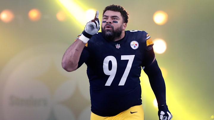 Dec 23, 2023; Pittsburgh, Pennsylvania, USA;  Pittsburgh Steelers defensive tackle Cameron Heyward (97) reacts as he takes the field against the Cincinnati Bengals at Acrisure Stadium. Mandatory Credit: Charles LeClaire-Imagn Images