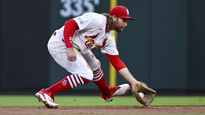 St. Louis Cardinals second baseman Brendan Donovan fields a ground ball against the Pittsburgh Pirates on Sept. 19 at Busch Stadium.