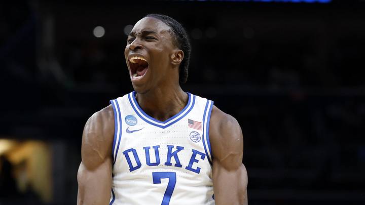 Mar 27, 2026; Washington, DC, USA; Duke Blue Devils guard Isaiah Evans (3) reacts after a basket against the St. John's Red Storm in the first half during a Sweet Sixteen game of the East Regional of the men's 2026 NCAA Tournament at Capital One Arena. Mandatory Credit: Amber Searls-Imagn Images Mar 27, 2026; Washington, DC, USA; Duke Blue Devils guard Isaiah Evans (3) reacts after a basket against the St. John's Red Storm in the first half during a Sweet Sixteen game of the East Regional of the men's 2026 NCAA Tournament at Capital One Arena. Mandatory Credit: Amber Searls-Imagn Images