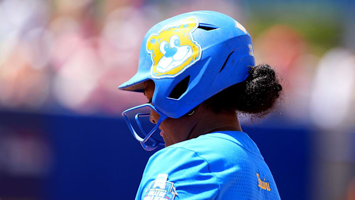 UCLA's Kaniya Bragg (33) is pictured during the Women's College World Series softball game between the Tennessee Volunteers and the UCLA Bruins at Devon Park in Oklahoma City, Sunday, June, 1, 2025.
