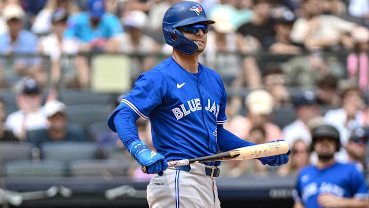 Sep 6, 2025; Bronx, New York, USA; Toronto Blue Jays second baseman Andrés Giménez (0) reacts after striking out against the New York Yankees during the second inning at Yankee Stadium. Sep 6, 2025; Bronx, New York, USA; Toronto Blue Jays second baseman Andrés Giménez (0) reacts after striking out against the New York Yankees during the second inning at Yankee Stadium.