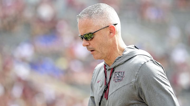 Sep 14, 2024; Tallahassee, Florida, USA; Florida State Seminoles head coach Mike Norvell before a game against the Memphis Tigers at Doak S. Campbell Stadium. Mandatory Credit: Melina Myers-Imagn Images