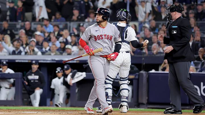 Sep 29, 2026; Bronx, New York, USA; Boston Red Sox first baseman Willson Contreras (40) reacts after striking out during the first inning of game one of the Wildcard round of the 2026 MLB Playoffs against the New York Yankees at Yankee Stadium. Mandatory Credit: Brad Penner-Imagn Images
