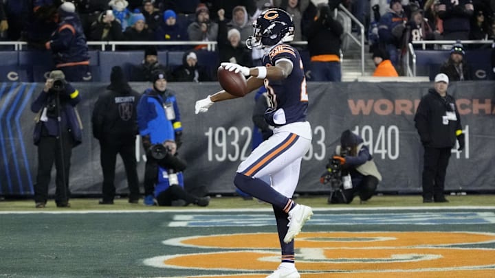 Jan 4, 2026; Chicago, Illinois, USA; Chicago Bears wide receiver Jahdae Walker (20) reacts after scoring a touchdown against the Detroit Lions during the first half at Soldier Field. Mandatory Credit: David Banks-Imagn Images