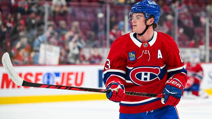 Sep 19, 2026; Montreal, Quebec, CAN; Montreal Canadiens right wing Cole Caufield (13) looks on during warm-up before the game against the Toronto Maple Leafs at Bell Centre. Mandatory Credit: David Kirouac-Imagn Images