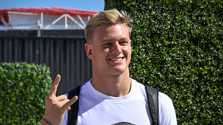Oct 21, 2022; Austin, Texas, USA; Haas F1 Team driver Mick Schumacher (47) arrives for practice for the U.S. Grand Prix at the Circuit of the Americas. Mandatory Credit: Jerome Miron-USA TODAY Sports