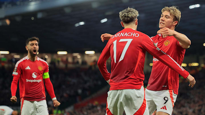 Bruno Fernandes (left), Alejandro Garnacho (center) and Rasmus Højlund helped United advance to the semifinals.
