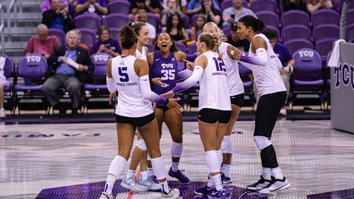 Sep. 27, 2024-TCU Volleyball celebrates a point scored in a three-set sweep over Arizona in Schollmaier Arena in Fort Worth, TX.