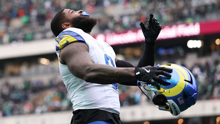 Jan 19, 2025; Philadelphia, Pennsylvania, USA; Los Angeles Rams linebacker Jared Verse (8) before action against the Philadelphia Eagles in a 2025 NFC divisional round game at Lincoln Financial Field. Mandatory Credit: Bill Streicher-Imagn Images