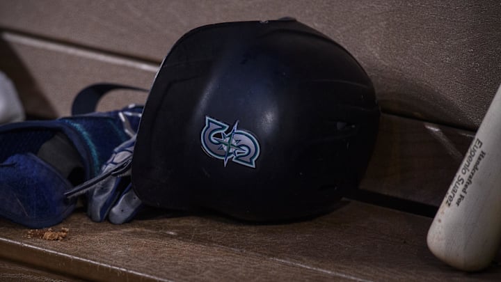 A view of a Seattle Mariners batting helmet and logo during the game between the Texas Rangers and the Seattle Mariners at Globe Life Field on June 5, 2022.