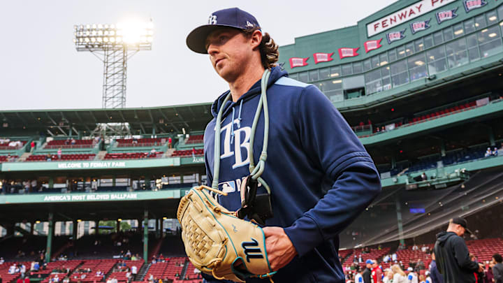 Tampa Bay Rays pitcher Ryan Pepiot (44) walks to the mound to make a start against the Boston Red Sox at Fenway Park. 