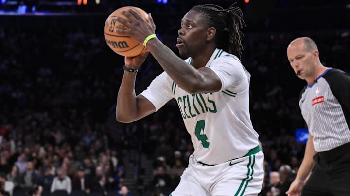 Apr 8, 2025; New York, New York, USA; Boston Celtics guard Jrue Holiday (4) shoots the ball during the second half against the New York Knicks at Madison Square Garden. Mandatory Credit: John Jones-Imagn Images