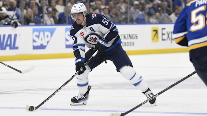 Apr 27, 2025; St. Louis, Missouri, USA; Winnipeg Jets center Mark Scheifele (55) skates against the St. Louis Blues during the first period in game four of the first round of the 2025 Stanley Cup Playoffs at Enterprise Center. Mandatory Credit: Jeff Le-Imagn Images