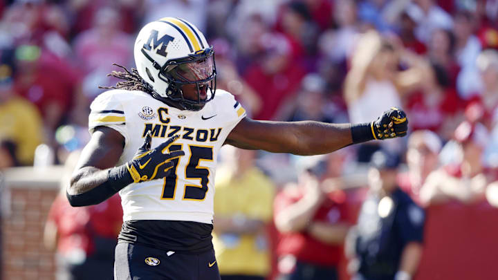 Oct 26, 2024; Tuscaloosa, Alabama, USA; Missouri Tigers defensive end Johnny Walker Jr. (15) celebrates after a sack against the Alabama Crimson Tide during the first half at Bryant-Denny Stadium. Mandatory Credit: Butch Dill-Imagn Images Oct 26, 2024; Tuscaloosa, Alabama, USA; Missouri Tigers defensive end Johnny Walker Jr. (15) celebrates after a sack against the Alabama Crimson Tide during the first half at Bryant-Denny Stadium. Mandatory Credit: Butch Dill-Imagn Images
