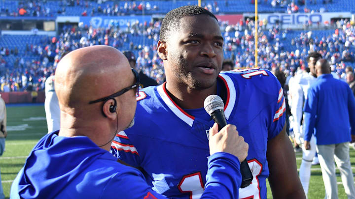 Oct 20, 2024; Orchard Park, New York, USA; Buffalo Bills wide receiver Amari Cooper (18)is interviewed after a game Tennessee Titans at Highmark Stadium. Mandatory Credit: Mark Konezny-Imagn Images