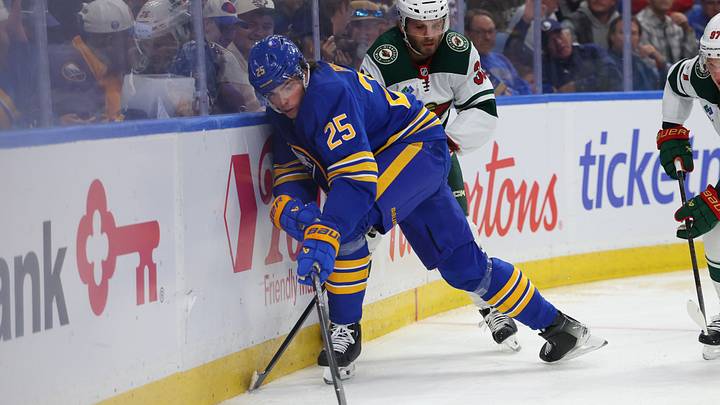 Buffalo Sabres defenseman Owen Power (25) clears the puck as Minnesota Wild right wing Ryan Hartman (38) defends during the first period at KeyBank Center. Mandatory Credit: Timothy T. Ludwig-Imagn Images Buffalo Sabres defenseman Owen Power (25) clears the puck as Minnesota Wild right wing Ryan Hartman (38) defends during the first period at KeyBank Center. Mandatory Credit: Timothy T. Ludwig-Imagn Images