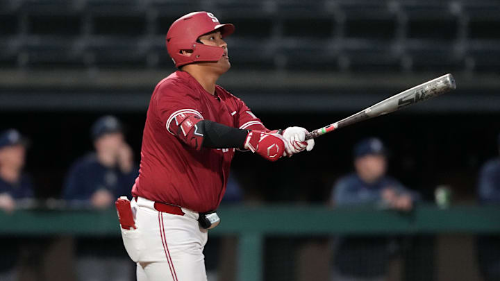 Mar 1, 2025; Stanford, CA, USA; Stanford Cardinal first baseman Rintaro Sasaki (3) bats against the Xavier Musketeers during the fourth inning at Sunken Diamond. Mandatory Credit: Darren Yamashita-Imagn Images