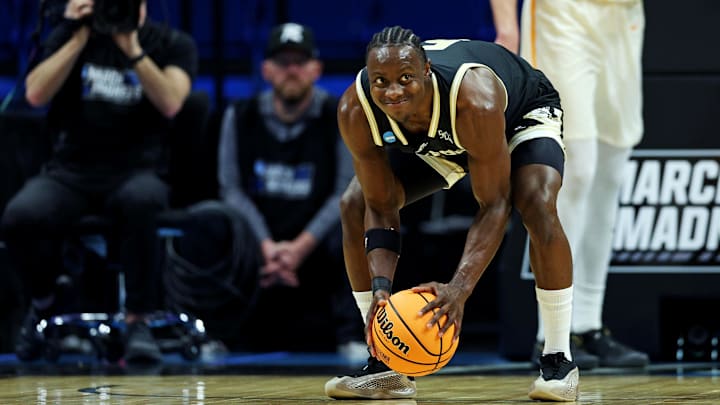 Mar 20, 2025; Lexington, KY, USA; Wofford Terriers guard Justin Bailey (5) reacts during the first half against the Tennessee Volunteersin the first round of the NCAA Tournament at Rupp Arena. Mandatory Credit: Jordan Prather-Imagn Images