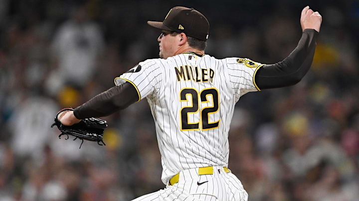 Apr 9, 2026; San Diego, California, USA; San Diego Padres relief pitcher Mason Miller (22) throws a pitch during the ninth inning against the Colorado Rockies at Petco Park. Mandatory Credit: Denis Poroy-Imagn Images
