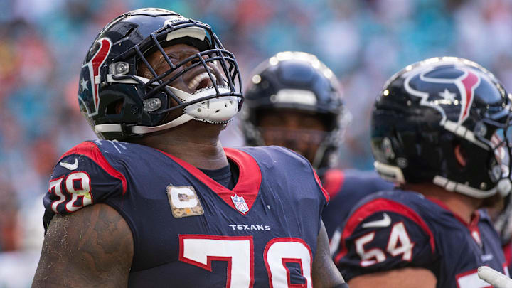 Houston Texans offensive tackle Laremy Tunsil (78) yells after the Texans failed to score on a two-point conversion attempt in the second half of the game between host Miami Dolphins and the Houston Texans at Hard Rock Stadium on Sunday, November 27, 2022, in Miami Gardens, FL. Houston Texans offensive tackle Laremy Tunsil (78) yells after the Texans failed to score on a two-point conversion attempt in the second half of the game between host Miami Dolphins and the Houston Texans at Hard Rock Stadium on Sunday, November 27, 2022, in Miami Gardens, FL.