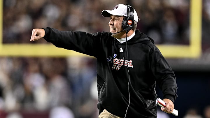 Nov 11, 2023; College Station, Texas, USA; Texas A&M Aggies head coach Jimbo Fisher reacts to a call during the second quarter against the Mississippi State Bulldogs at Kyle Field. Mandatory Credit: Maria Lysaker-Imagn Images