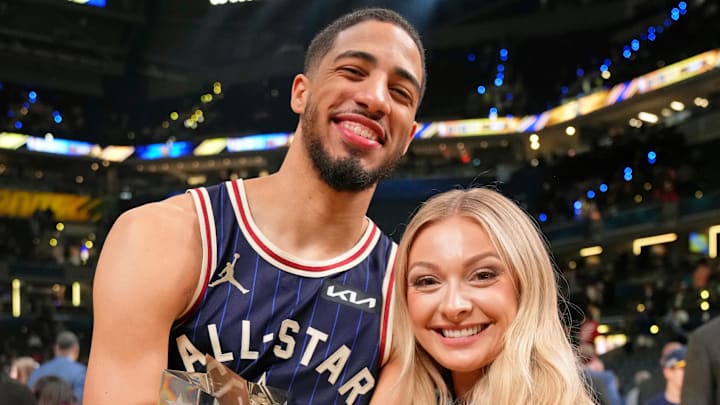 Feb 18, 2024; Indianapolis, Indiana, USA; Eastern Conference guard Tyrese Haliburton (0) of the Indiana Pacers and girlfriend Jade Jones after the 73rd NBA All Star game at Gainbridge Fieldhouse. Feb 18, 2024; Indianapolis, Indiana, USA; Eastern Conference guard Tyrese Haliburton (0) of the Indiana Pacers and girlfriend Jade Jones after the 73rd NBA All Star game at Gainbridge Fieldhouse.