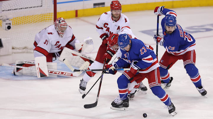May 7, 2024; New York, New York, USA; New York Rangers defenseman Adam Fox (23) and left wing Chris