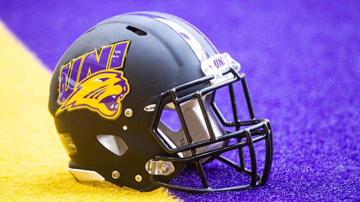 A Northern Iowa helmet sits on a field in 2019. A Northern Iowa helmet sits on a field in 2019.