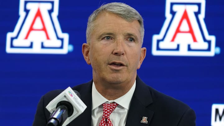 Jul 9, 2025; Frisco, TX, USA; Arizona head coach Brent Brennan speaks with the media during 2025 Big 12 Football Media Days at The Star. Mandatory Credit: Raymond Carlin III-Imagn Images Jul 9, 2025; Frisco, TX, USA; Arizona head coach Brent Brennan speaks with the media during 2025 Big 12 Football Media Days at The Star. Mandatory Credit: Raymond Carlin III-Imagn Images