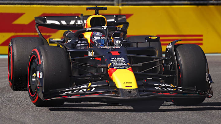 May 4, 2024; Miami Gardens, Florida, USA; Red Bull Racing driver Max Verstappen (1) during F1 qualifying for Miami Grand Prix at Miami International Autodrome. Mandatory Credit: Peter Casey-USA TODAY Sports