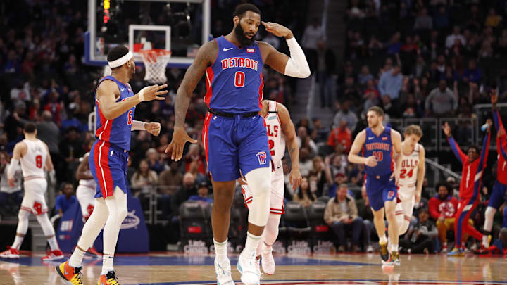 Jan 11, 2020; Detroit, Michigan, USA; Detroit Pistons center Andre Drummond (0) celebrates after making a three point shot during the first quarter against the Chicago Bulls at Little Caesars Arena. Mandatory Credit: Raj Mehta-Imagn Images