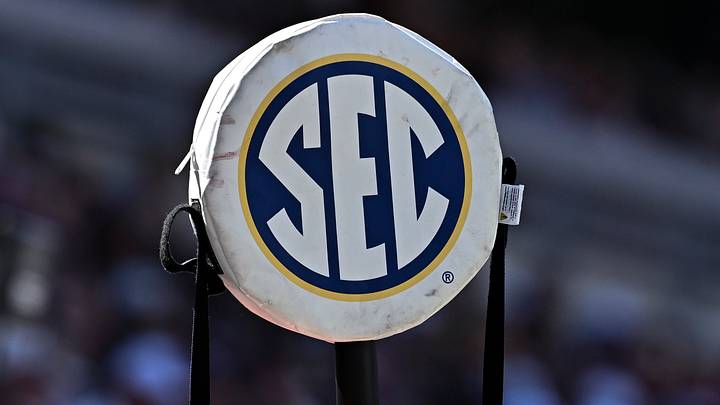 The SEC logo seen on a down chain during a college football game. The SEC logo seen on a down chain during a college football game.
