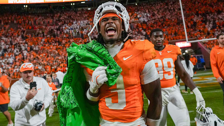 Tennessee defensive back Jermod McCoy (3) yells while carrying a deflated gator after defeating Florida during a NCAA football game between Tennessee and Florida in Neyland Stadium, in Knoxville, Tenn., Oct. 12, 2024.