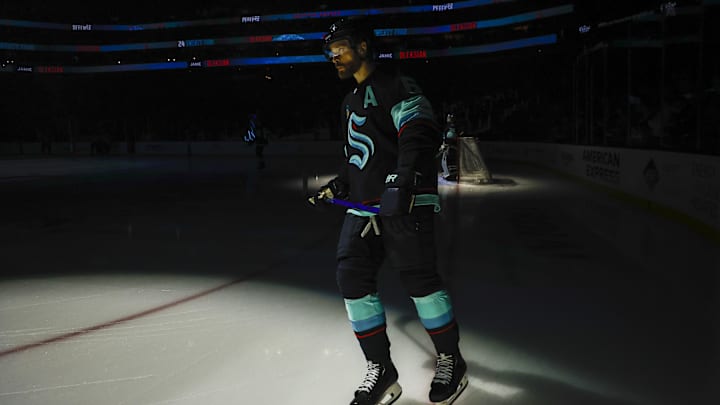 Jan 4, 2024; Seattle, Washington, USA; Seattle Kraken defenseman Adam Larsson (6) skates around the ice before the first period against the Ottawa Senators at Climate Pledge Arena. Mandatory Credit: Joe Nicholson-Imagn Images