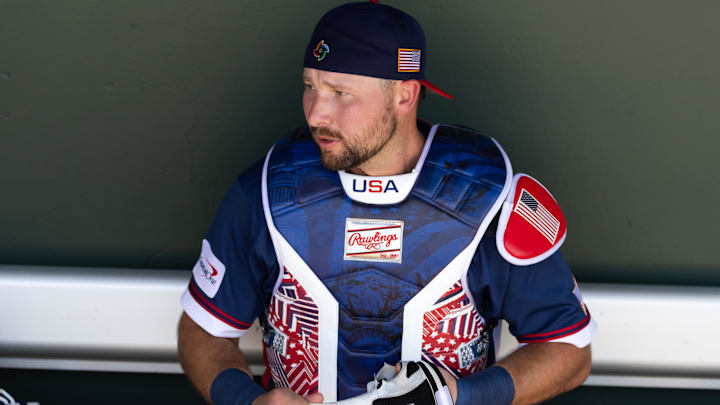 Mar 3, 2026; Scottsdale, AZ, USA; Team USA catcher Cal Raleigh against the San Francisco Giants during a spring training game at Scottsdale Stadium. Mandatory Credit: Mark J. Rebilas-Imagn Images Mar 3, 2026; Scottsdale, AZ, USA; Team USA catcher Cal Raleigh against the San Francisco Giants during a spring training game at Scottsdale Stadium. Mandatory Credit: Mark J. Rebilas-Imagn Images