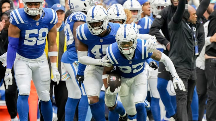 Indianapolis Colts linebacker E.J. Speed (45) celebrates with Indianapolis Colts safety Julian Blackmon (32) after he made an interception to end the game Sunday, Oct. 8, 2023, during a game against the Tennessee Titans at Lucas Oil Stadium in Indianapolis.