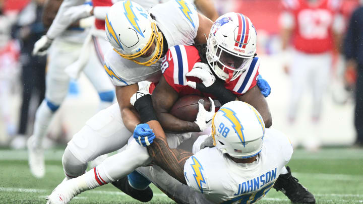 Dec 3, 2023; Foxborough, Massachusetts, USA; New England Patriots running back Rhamondre Stevenson