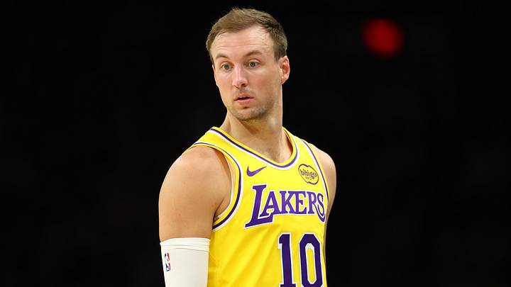 Feb 26, 2026; Phoenix, Arizona, USA; Los Angeles Lakers guard Luke Kennard (10) against the Phoenix Suns at Mortgage Matchup Center. Mandatory Credit: Mark J. Rebilas-Imagn Images