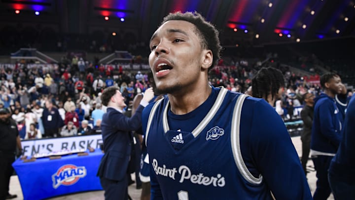 Mar 16, 2024; Atlantic City, NJ, USA;  St.Peter's Peacocks guard Brent Bland (1) reacts after winning the MAAC Conference final against Fairfield at Jim Whelan Boardwalk Hall. Mandatory Credit: John Jones-Imagn Images