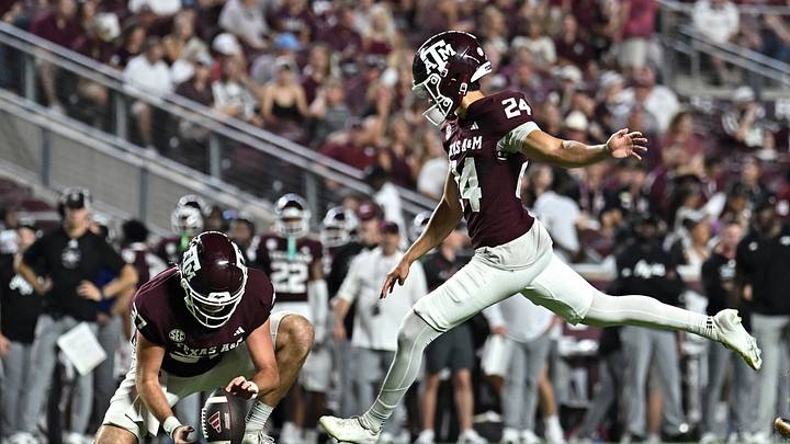 Texas A&M Aggies place kicker David Olano (24) kicks an extra point during the fourth quarter against the Missouri State Bears at Kyle Field. Texas A&M Aggies place kicker David Olano (24) kicks an extra point during the fourth quarter against the Missouri State Bears at Kyle Field.