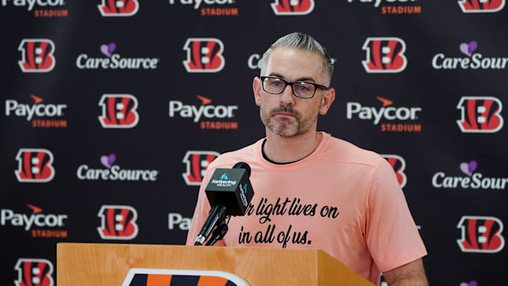 Cincinnati Bengals offensive coordinator Dan Pitcher speaks at a press conference for the 2025 NFL Draft, Saturday, April 26, 2025, at Paycor Stadium in Downtown Cincinnati.