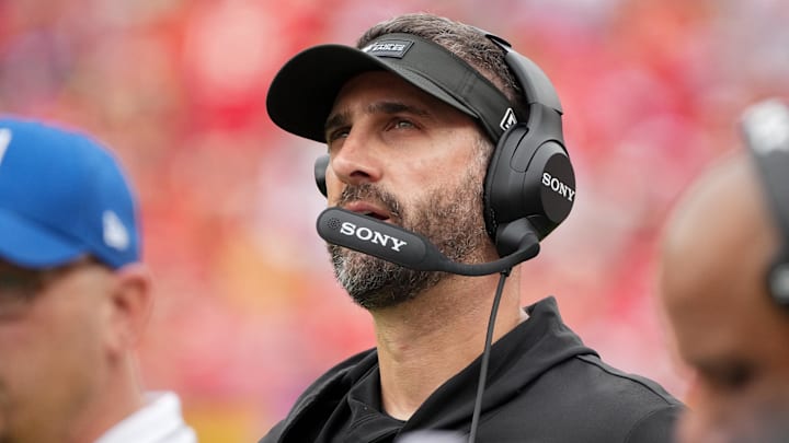  Philadelphia Eagles head coach Nick Sirianni looks on during the second quarter of the game against the Kansas City Chiefs at GEHA Field at Arrowhead Stadium. 