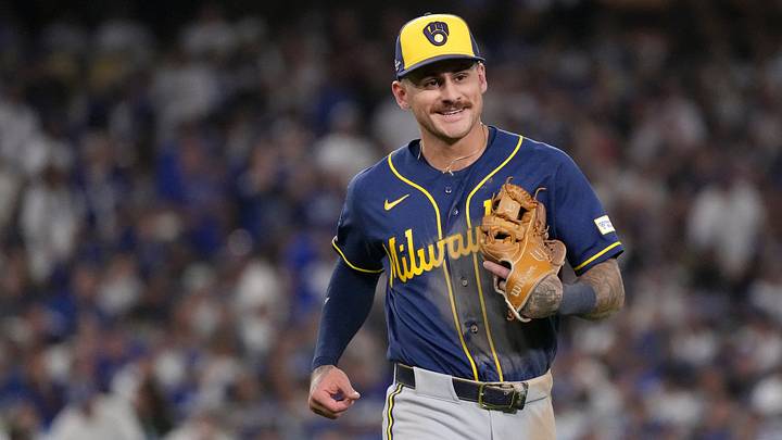 Oct 14, 2026; Los Angeles, California, USA; Milwaukee Brewers shortstop Joey Ortiz (3) reacts during the seventh inning in game three of the NLCS for the 2026 MLB Playoffs against the Los Angeles Dodgers at Uniqlo Field at Dodger Stadium. Mandatory Credit: Kirby Lee-Imagn Images Oct 14, 2026; Los Angeles, California, USA; Milwaukee Brewers shortstop Joey Ortiz (3) reacts during the seventh inning in game three of the NLCS for the 2026 MLB Playoffs against the Los Angeles Dodgers at Uniqlo Field at Dodger Stadium. Mandatory Credit: Kirby Lee-Imagn Images