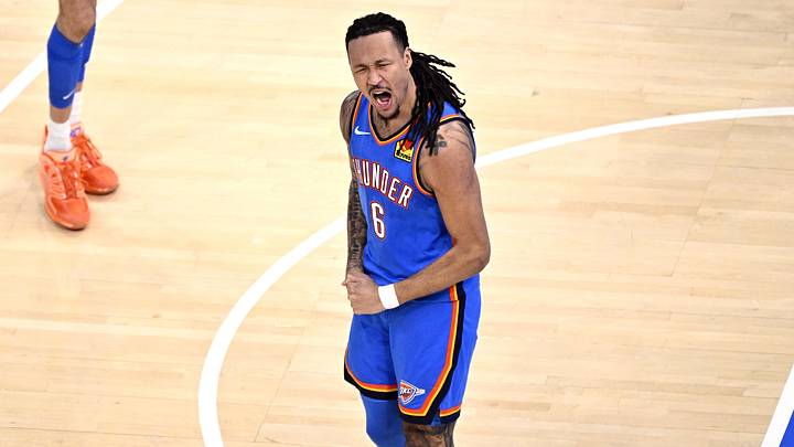 May 30, 2026; Oklahoma City, Oklahoma, USA; Oklahoma City Thunder forward Jaylin Williams (6) reacts in the third quarter against the San Antonio Spurs during game seven of the western conference finals for the 2026 NBA playoffs at Paycom Center. Mandatory Credit: Jerome Miron-Imagn Images May 30, 2026; Oklahoma City, Oklahoma, USA; Oklahoma City Thunder forward Jaylin Williams (6) reacts in the third quarter against the San Antonio Spurs during game seven of the western conference finals for the 2026 NBA playoffs at Paycom Center. Mandatory Credit: Jerome Miron-Imagn Images