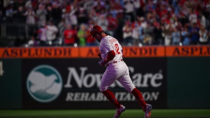 Sep 9, 2025; Philadelphia, Pennsylvania, USA; Philadelphia Phillies outfielder Kyle Schwarber (12) runs the bases after hitting his 50th home run of the season during the seventh inning against the New York Mets at Citizens Bank Park. Mandatory Credit: Eric Hartline-Imagn Images