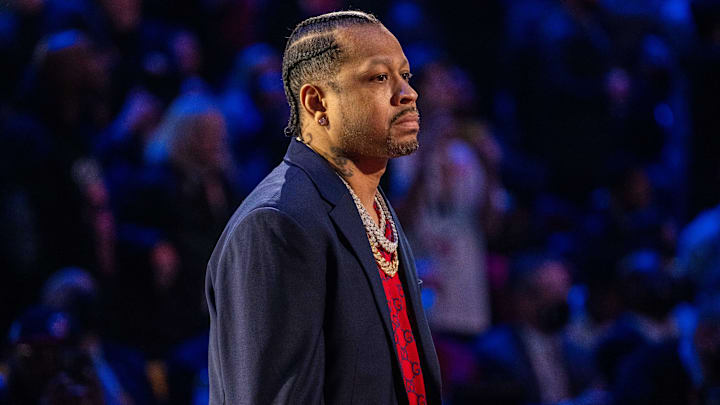February 20, 2022; Cleveland, Ohio, USA; NBA great Allen Iverson is honored for being selected to the NBA 75th Anniversary Team during halftime in the 2022 NBA All-Star Game at Rocket Mortgage FieldHouse. Mandatory Credit: Kyle Terada-Imagn Images