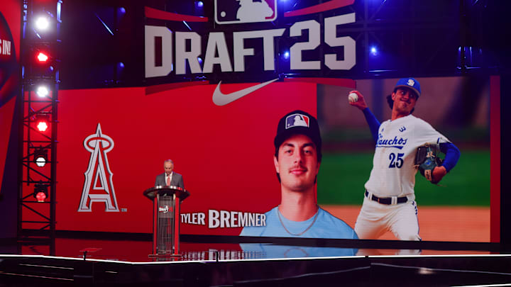 Jul 13, 2025; Atlanta, GA, USA; Tyler Bremner is drafted by the Los Angeles Angels with the second pick during the first round of the MLB Draft at The Coca-Cola Roxy. Mandatory Credit: Brett Davis-Imagn Images