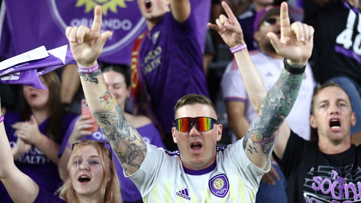 Nov 24, 2024; Orlando, Florida, USA; Orlando City fans cheer following a win over Atlanta United in a 2024 MLS Cup conference semifinal match at Inter&Co Stadium. Mandatory Credit: Nathan Ray Seebeck-Imagn Images