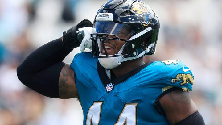 Jacksonville Jaguars defensive end Travon Walker (44) flexes after a sack on Houston Texans quarterback CJ. Stroud (7) during the first quarter of an NFL football matchup at EverBank Stadium, Sunday, Sept. 21, 2025, in Jacksonville, Fla.